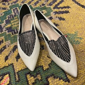 NEW Schutz White Patent Leather Flats with Black Mesh & Rhinestone Details